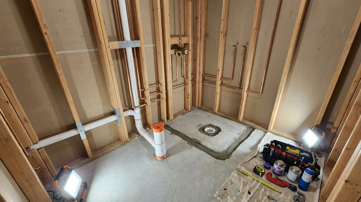 Bathroom rough-in plumbing during remodel by Johns Plumbing LLC in Willard