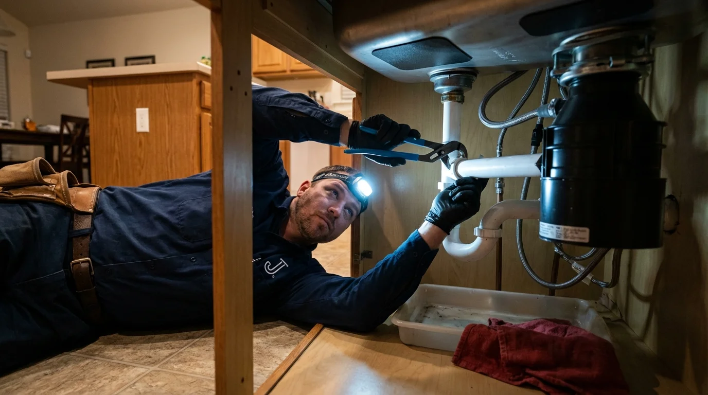 P-trap and supply line connections under a kitchen sink showing a common leak point in Willard, UT